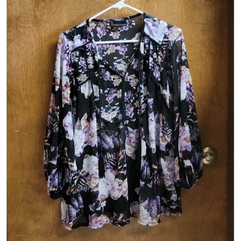 I Jeans‎ By Buffalo Womens Sheer Floral Blouse Black Purple Tassles Size M